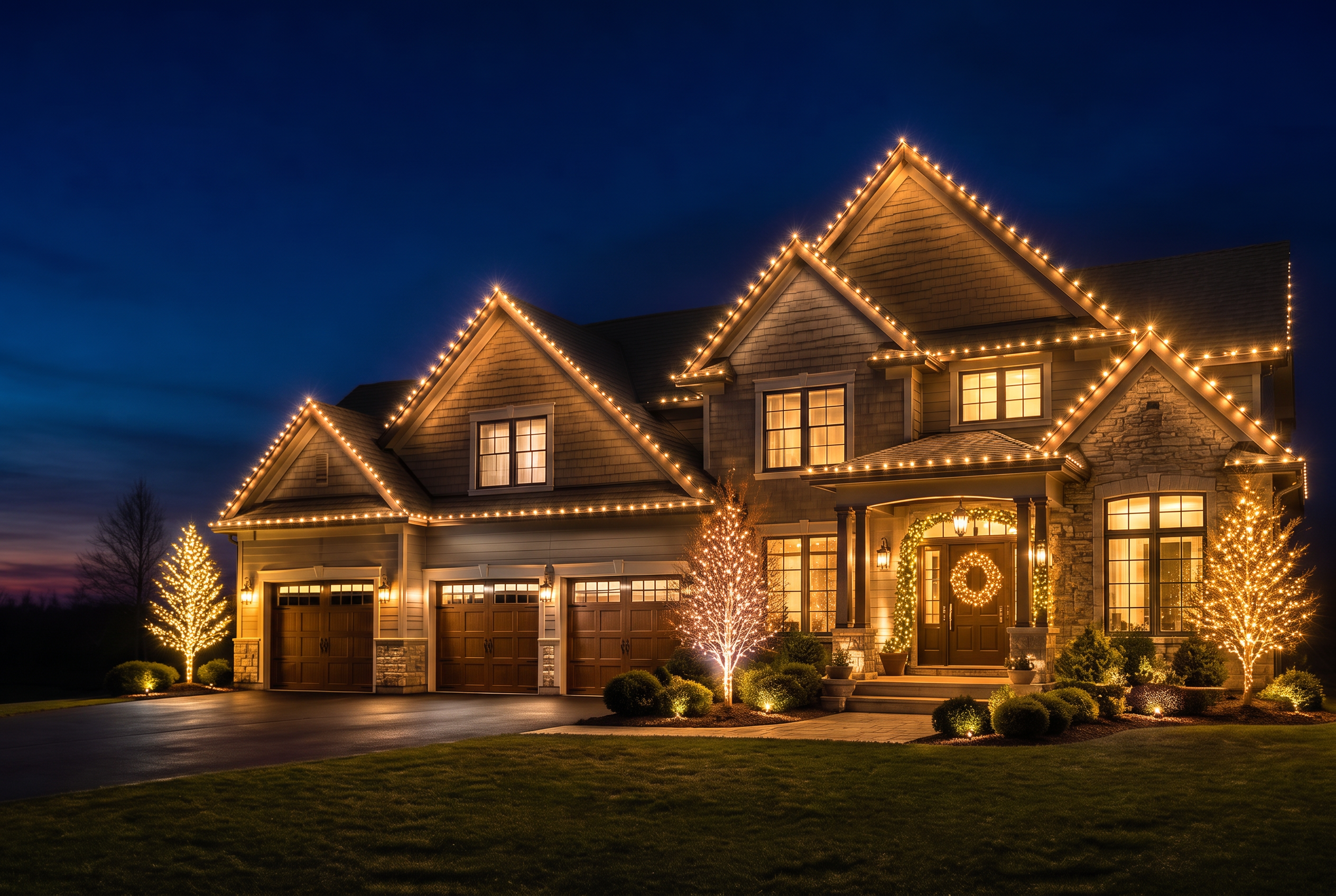 Upscale two-story stone and shingle Lancaster County home at blue hour with warm white C9 roofline lighting, lit wreath and wrapped trees
